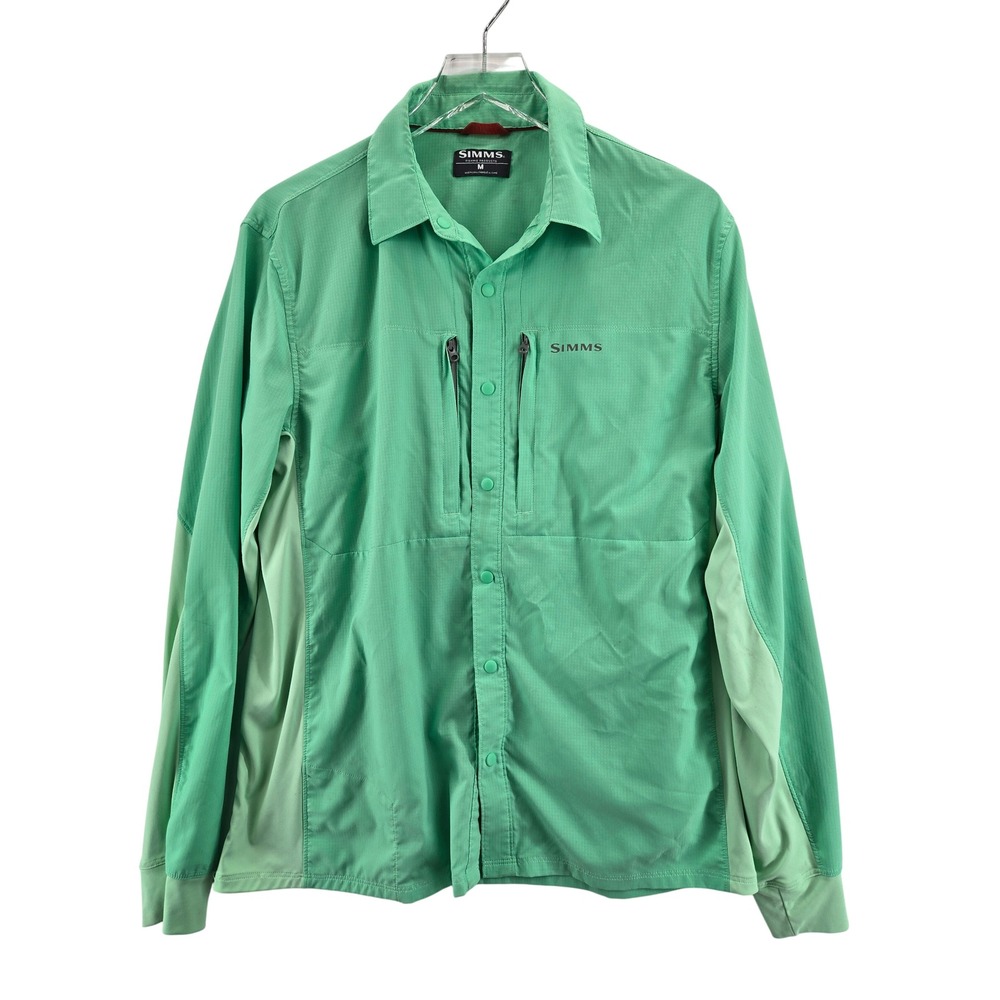 Simms Fishing Products Mens Medium Green Ripstop Long Sleeve Snap Fishing Shirt